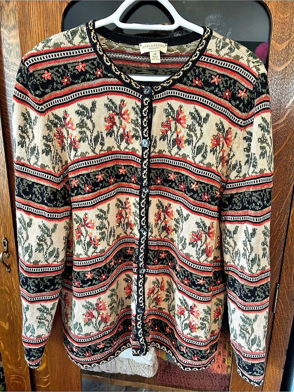 Vintage Appleseed's Floral Knit Cardigan in Beige & Black, Like New
